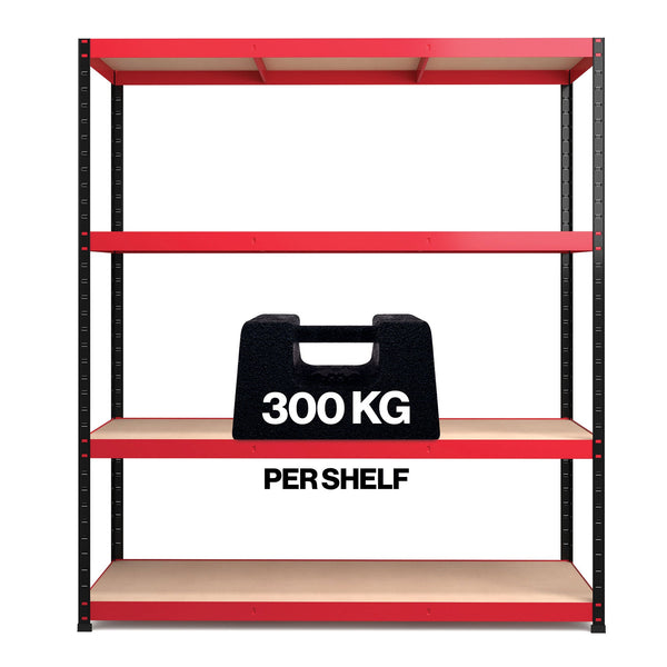 PALLETIZED 1800x1600x600mm 300kg UDL 4x Tier Freestanding RB Boss Unit with Red & Black Powdercoated Steel Frame & MDF Shelves
