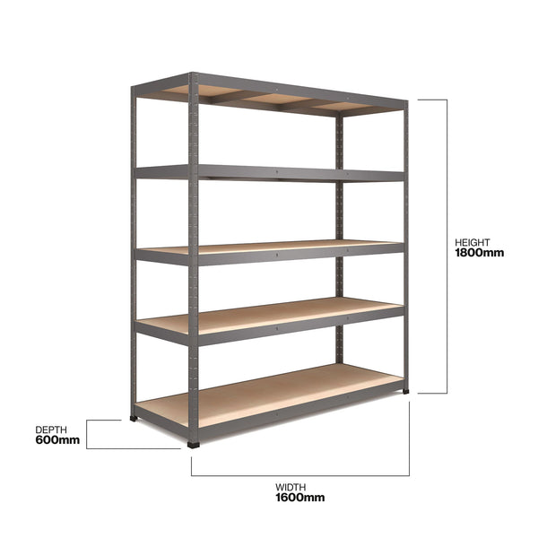 PALLETIZED 1800x1600x600mm 250kg UDL 5x Tier Freestanding RB Boss Unit with Galvanised Steel Frame & MDF Shelves