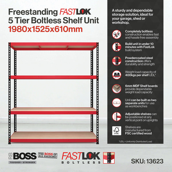 1980x1525x610mm 400kg UDL 4x Tier Freestanding RB Boss Unit with Red & Black Powdercoated Steel Frame & MDF Shelves