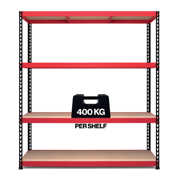 1980x1525x610mm 400kg UDL 4x Tier Freestanding RB Boss Unit with Red & Black Powdercoated Steel Frame & MDF Shelves