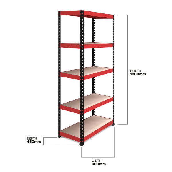 Pack of 2 1800x900x450mm 200kg UDL 5x Tier Freestanding FastLok RB Boss Unit with Red & Black Powdercoated Steel Frame & MDF Shelves