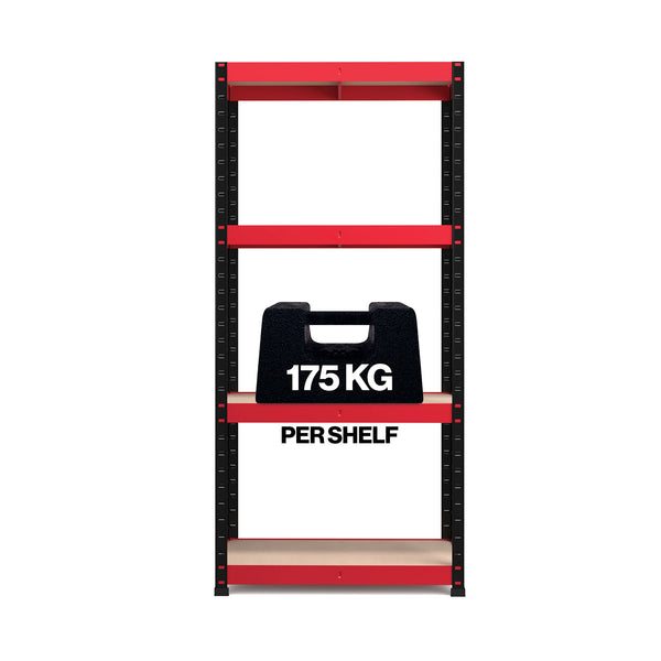 Pack of 2 1600x750x350mm 175kg UDL 4x Tier Freestanding RB Boss Unit with Red & Black Powdercoated Steel Frame & MDF Shelves