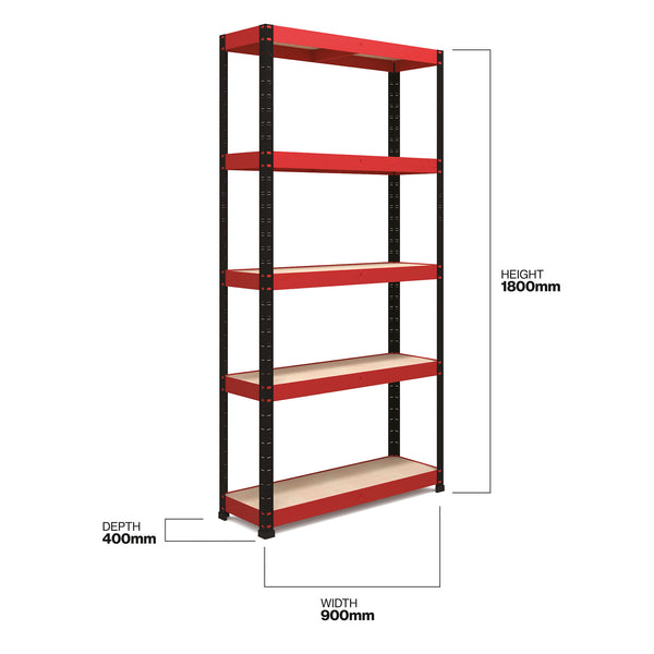 1800x900x400mm 250kg UDL 5x Tier Freestanding RB Boss Unit with Red & Black Powdercoated Steel Frame & MDF Shelves