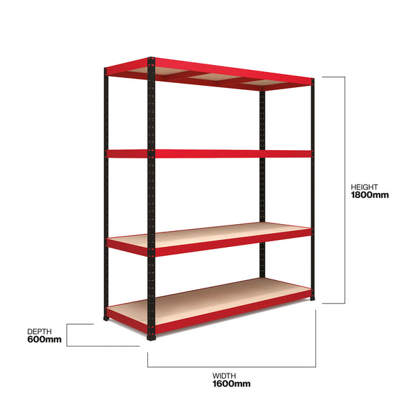 1800x1600x600mm 300kg UDL 4x Tier Freestanding RB Boss Unit with Red & Black Powdercoated Steel Frame & MDF Shelves