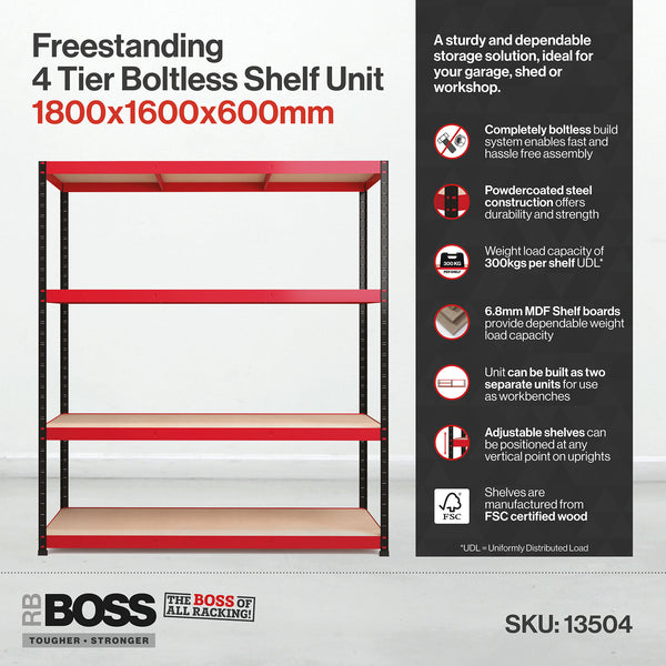 1800x1600x600mm 300kg UDL 4x Tier Freestanding RB Boss Unit with Red & Black Powdercoated Steel Frame & MDF Shelves