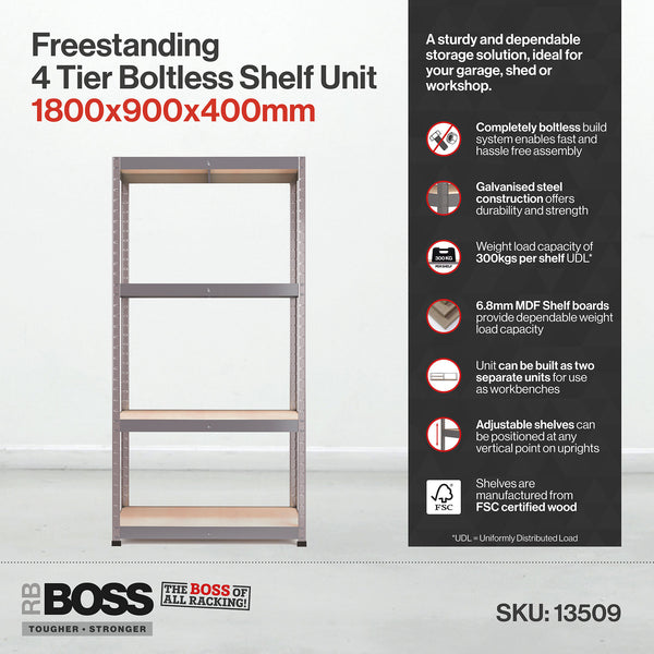 1800x900x400mm 300kg UDL 4x Tier Freestanding RB Boss Unit with Galvanised Steel Frame & MDF Shelves