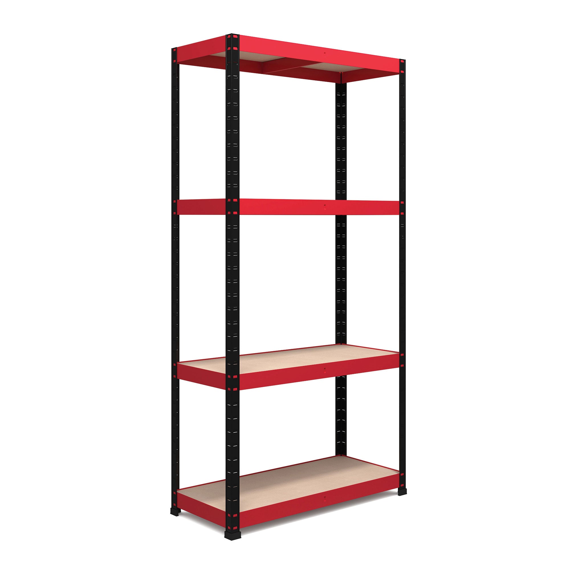 1800x900x300mm 500kg UDL 4x Tier Freestanding RB Boss Unit with Red & Black Powdercoated Steel Frame & MDF Shelves