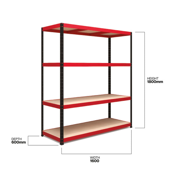 1800x1600x600mm 500kg UDL 4x Tier Freestanding RB Boss Unit with Red & Black Powdercoated Steel Frame & MDF Shelves
