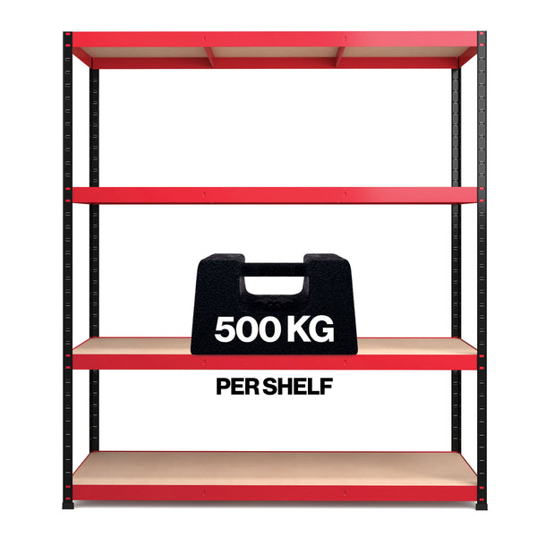 1800x1600x600mm 500kg UDL 4x Tier Freestanding RB Boss Unit with Red & Black Powdercoated Steel Frame & MDF Shelves