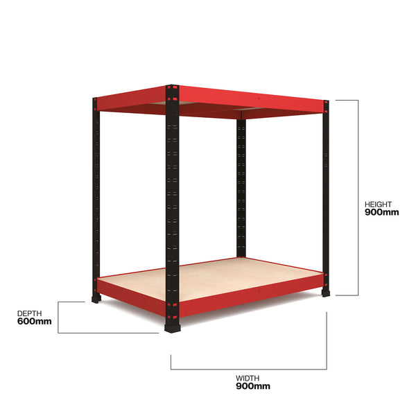 900x900x600mm 800kg UDL 2x Tier Freestanding RB Boss Workstation Unit with Red & Black Powdercoated Steel Frame & Chipboard Shelves