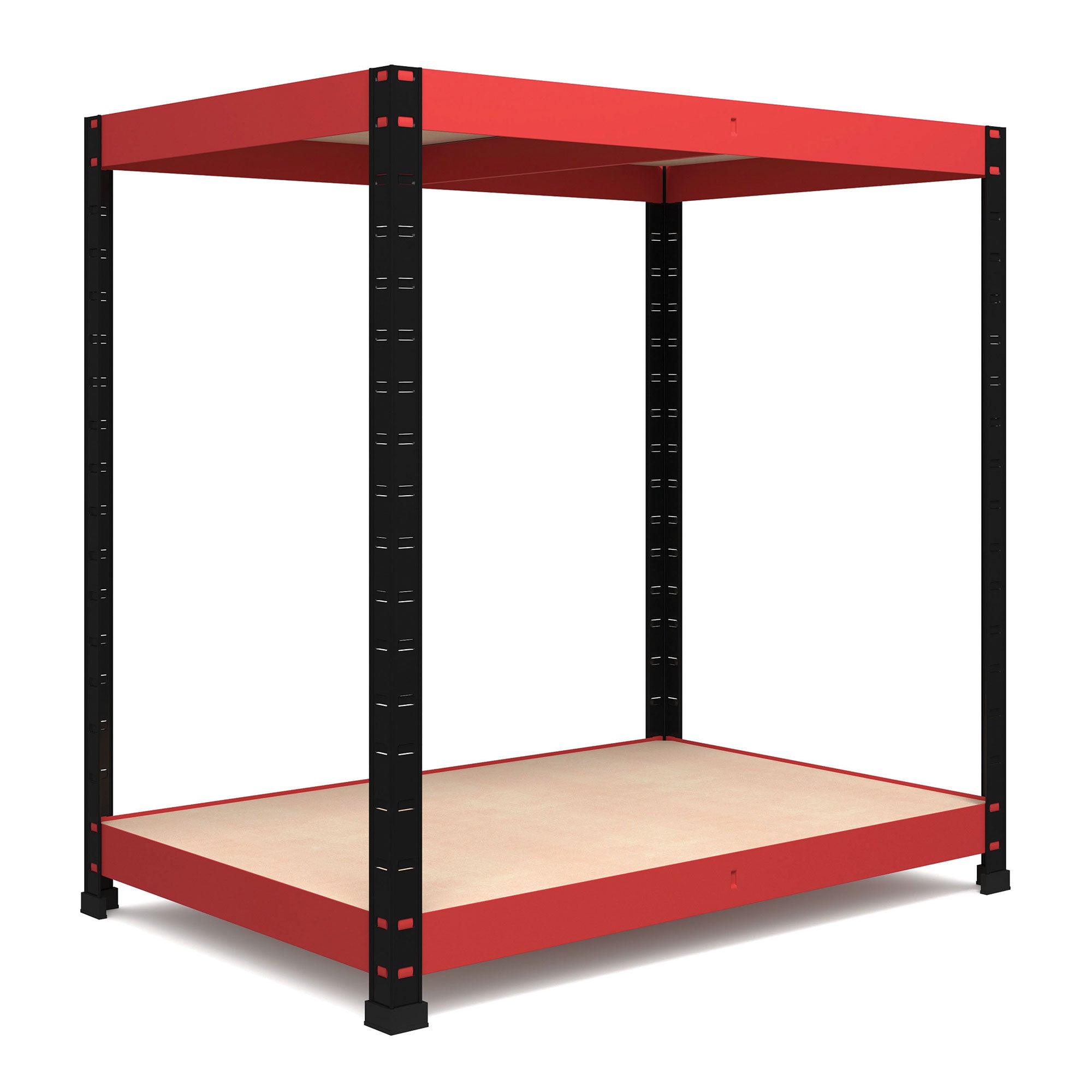 900x900x600mm 800kg UDL 2x Tier Freestanding RB Boss Workstation Unit with Red & Black Powdercoated Steel Frame & Chipboard Shelves