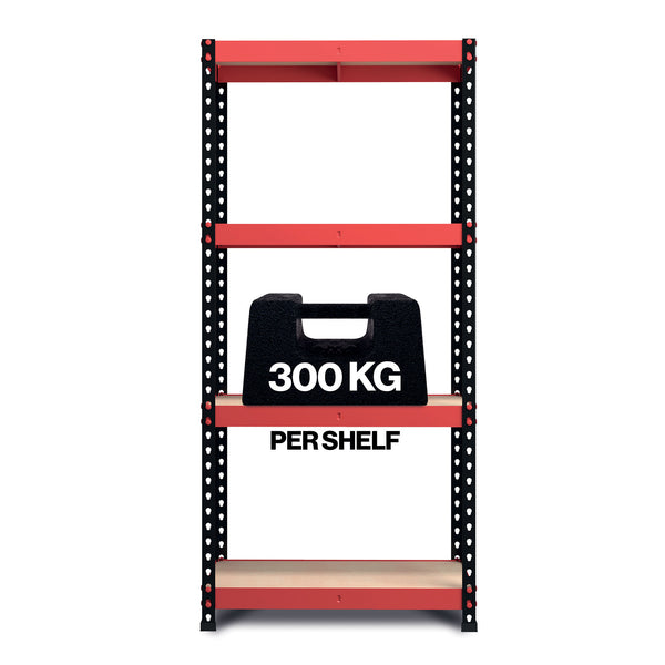 1800x900x400mm 300kg UDL 4x Tier Freestanding FastLok RB Boss Unit with Red & Black Powdercoated Steel Frame & MDF Shelves