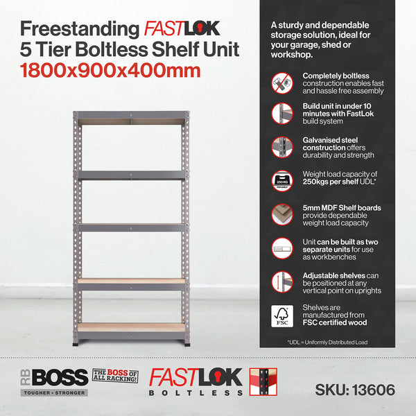 1800x900x400mm 250kg UDL 5x Tier Freestanding FastLok RB Boss Garage Shelving Unit with Galvanised Steel Frame & MDF Shelves
