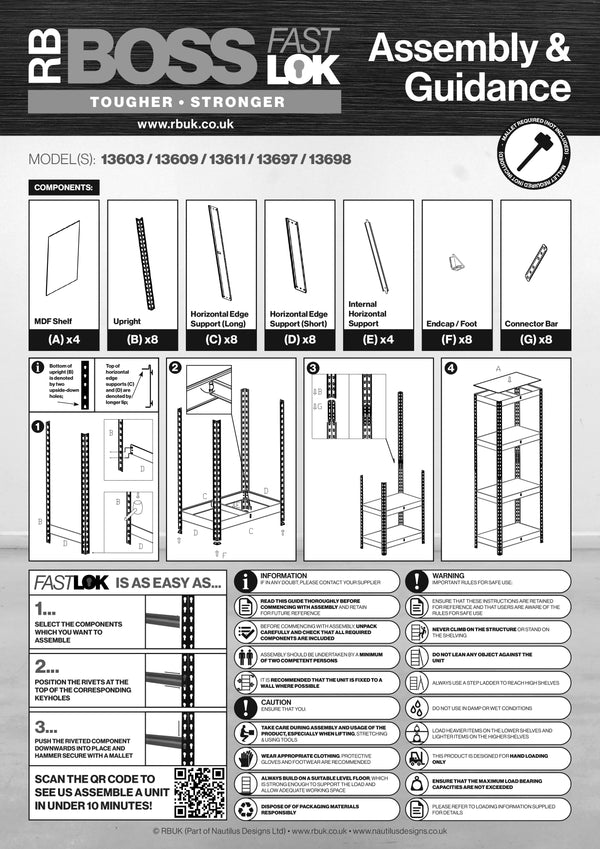 Pack of 2 1600x750x350mm 175kg UDL 4x Tier Freestanding FastLok RB Boss Unit with Galvanised Steel Frame & MDF Shelves