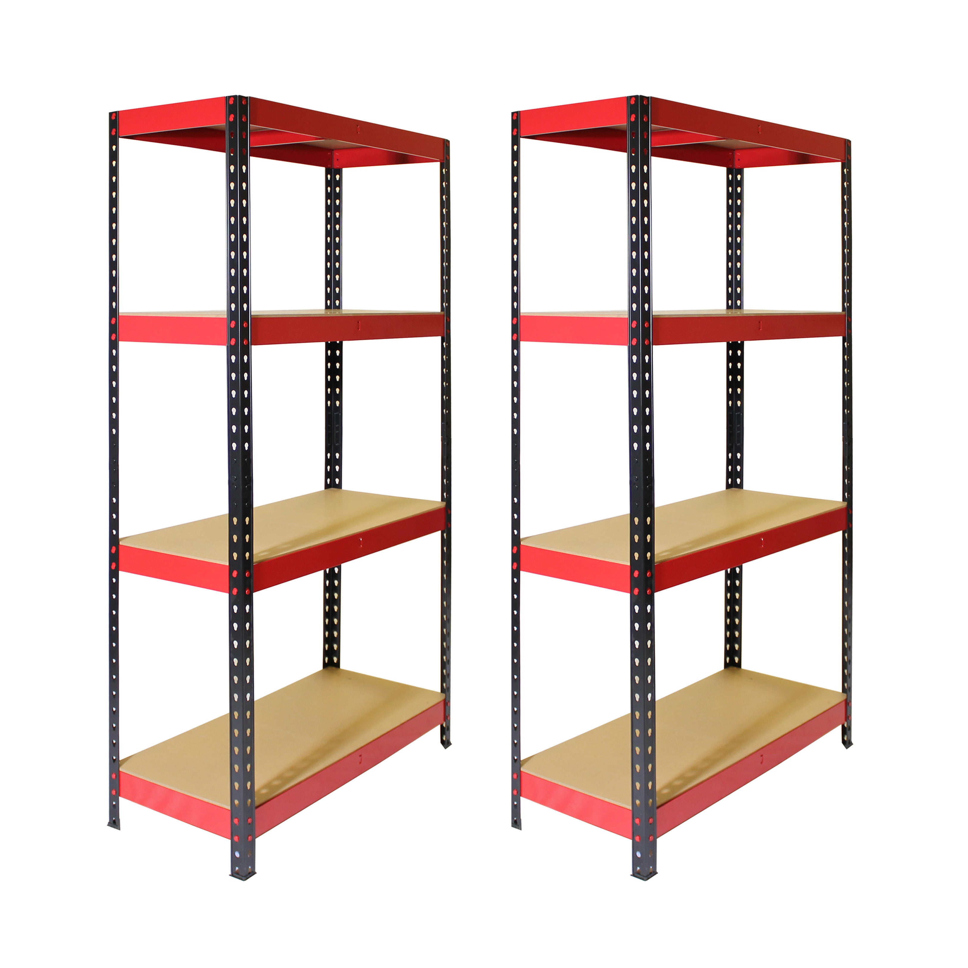 Pack of 2 1600x750x350mm 175kg UDL 4x Tier Freestanding FastLok RB Boss Unit with Red & Black Powdercoated Steel Frame & MDF Shelves