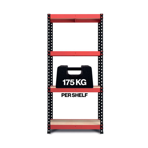 Pack of 2 1600x750x350mm 175kg UDL 4x Tier Freestanding FastLok RB Boss Unit with Red & Black Powdercoated Steel Frame & MDF Shelves
