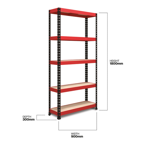 1800x900x300mm 250kg UDL 5x Tier Freestanding FastLok RB Boss Unit with Red & Black Powdercoated Steel Frame & MDF Shelves