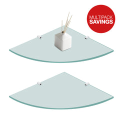 Pack of 2 Tempered Glass Corner Shelves & Brackets - 250x250x6mm