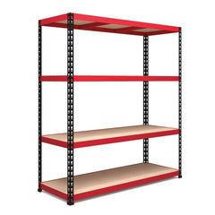1980x1525x610mm 400kg UDL 4x Tier Freestanding RB Boss Unit with Red & Black Powdercoated Steel Frame & MDF Shelves