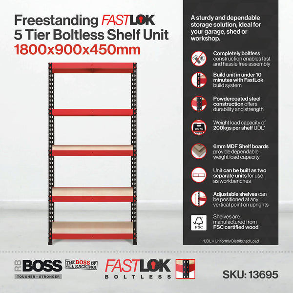 1800x900x450mm 200kg UDL 5x Tier Freestanding FastLok RB Boss Unit with Red & Black Powdercoated Steel Frame & MDF Shelves