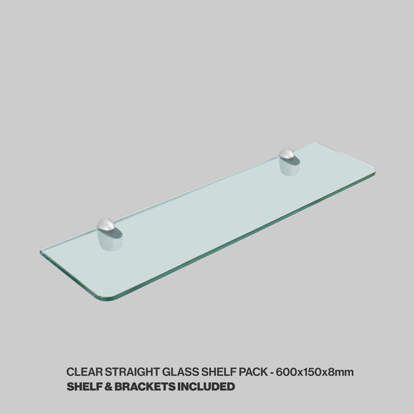 Tempered Glass Shelf and Silver Jam Brackets - Straight - 600x150x8mm