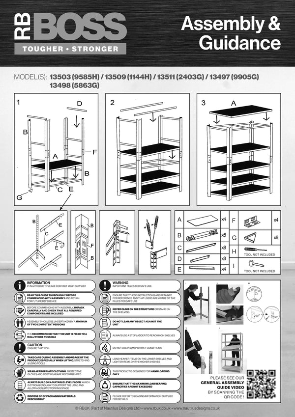 1600x750x350mm 175kg UDL 4x Tier Freestanding RB Boss Unit with Red & Black Powdercoated Steel Frame & MDF Shelves