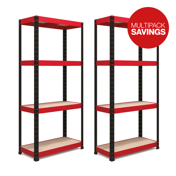 Pack of 2 1600x750x350mm 175kg UDL 4x Tier Freestanding RB Boss Unit with Red & Black Powdercoated Steel Frame & MDF Shelves