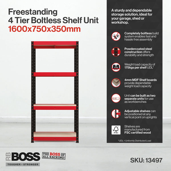 1600x750x350mm 175kg UDL 4x Tier Freestanding RB Boss Unit with Red & Black Powdercoated Steel Frame & MDF Shelves