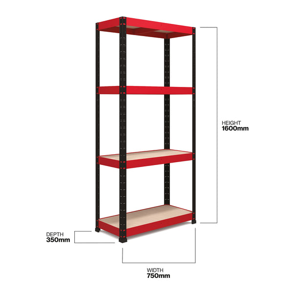 Pack of 2 1600x750x350mm 175kg UDL 4x Tier Freestanding RB Boss Unit with Red & Black Powdercoated Steel Frame & MDF Shelves