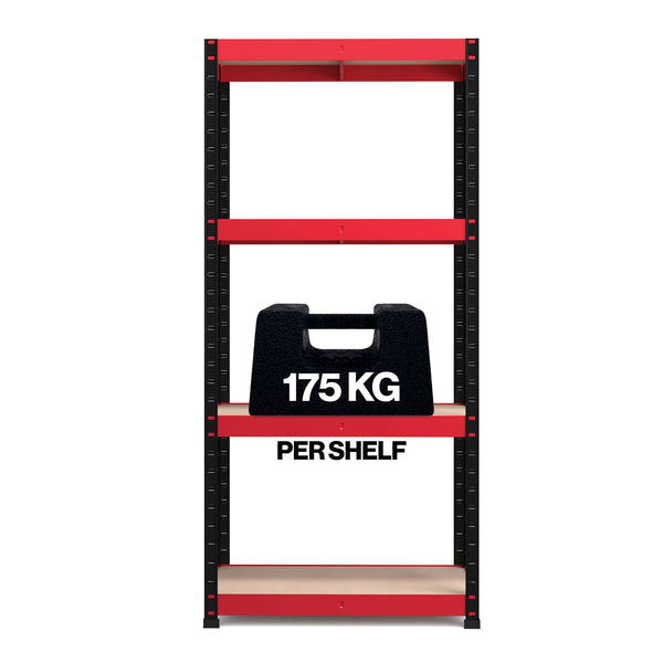 1600x750x350mm 175kg UDL 4x Tier Freestanding RB Boss Unit with Red & Black Powdercoated Steel Frame & MDF Shelves