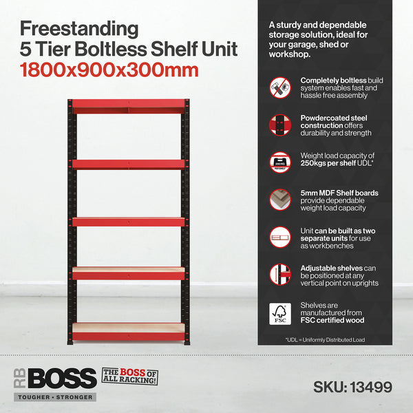 1800x900x300mm 250kg UDL 5x Tier Freestanding RB Boss Unit with Red & Black Powdercoated Steel Frame & MDF Shelves