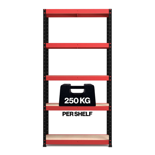 1800x900x300mm 250kg UDL 5x Tier Freestanding RB Boss Unit with Red & Black Powdercoated Steel Frame & MDF Shelves