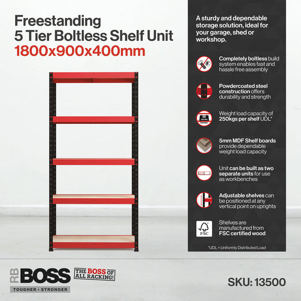 1800x900x400mm 250kg UDL 5x Tier Freestanding RB Boss Unit with Red & Black Powdercoated Steel Frame & MDF Shelves