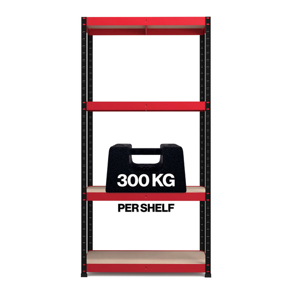 1800x900x400mm 300kg UDL 4x Tier Freestanding RB Boss Unit with Red & Black Powdercoated Steel Frame & MDF Shelves