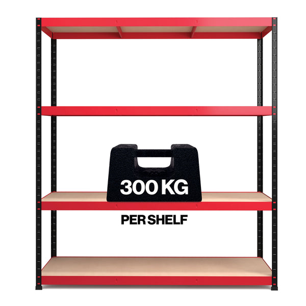 1800x1600x600mm 300kg UDL 4x Tier Freestanding RB Boss Unit with Red & Black Powdercoated Steel Frame & MDF Shelves