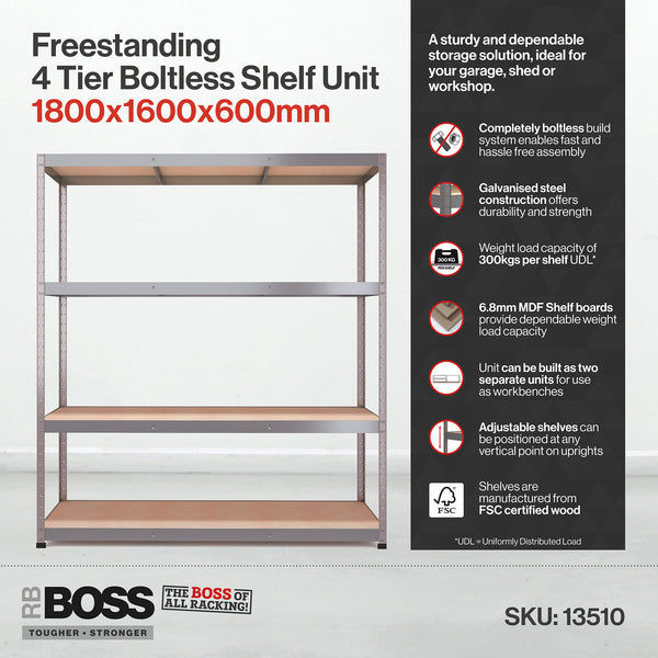 1800x1600x600mm 300kg UDL 4x Tier Freestanding RB Boss Unit with Galvanised Steel Frame & MDF Shelves