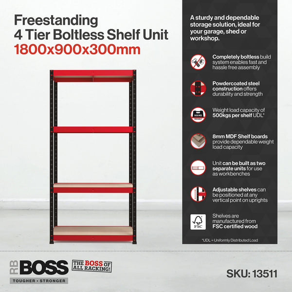 1800x900x300mm 500kg UDL 4x Tier Freestanding RB Boss Unit with Red & Black Powdercoated Steel Frame & MDF Shelves