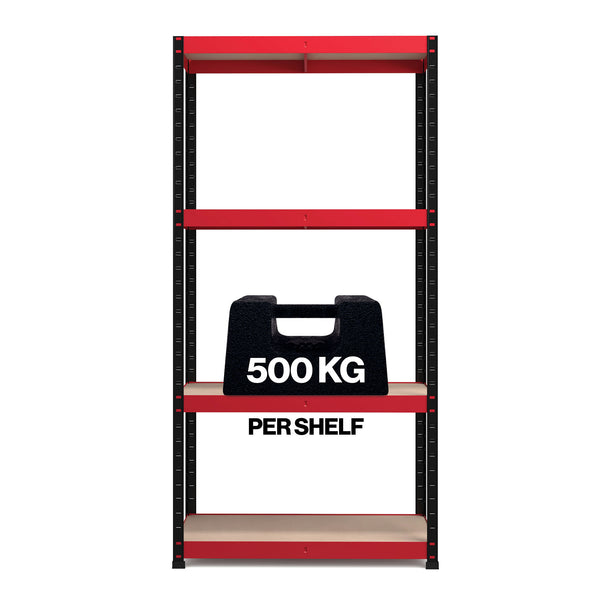 1800x900x300mm 500kg UDL 4x Tier Freestanding RB Boss Unit with Red & Black Powdercoated Steel Frame & MDF Shelves