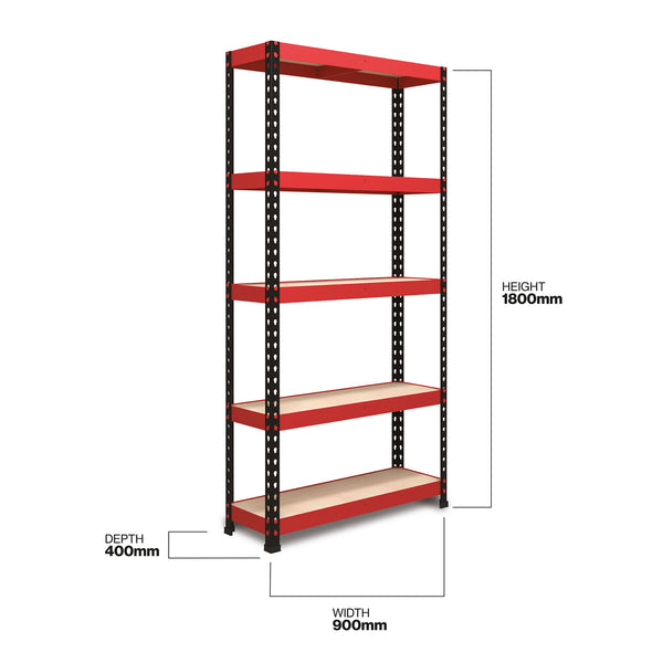 1800x900x400mm 250kg UDL 5x Tier Freestanding FastLok RB Boss Garage Shelving Unit with Red & Black Powdercoated Steel Frame & MDF Shelves