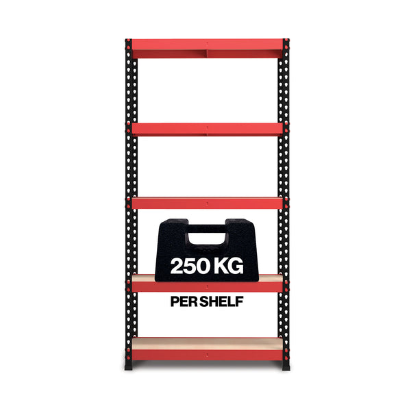 1800x900x400mm 250kg UDL 5x Tier Freestanding FastLok RB Boss Garage Shelving Unit with Red & Black Powdercoated Steel Frame & MDF Shelves