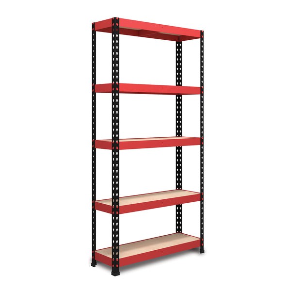 1800x900x400mm 250kg UDL 5x Tier Freestanding FastLok RB Boss Garage Shelving Unit with Red & Black Powdercoated Steel Frame & MDF Shelves