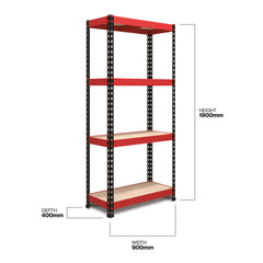 1800x900x400mm 300kg UDL 4x Tier Freestanding FastLok RB Boss Unit with Red & Black Powdercoated Steel Frame & MDF Shelves