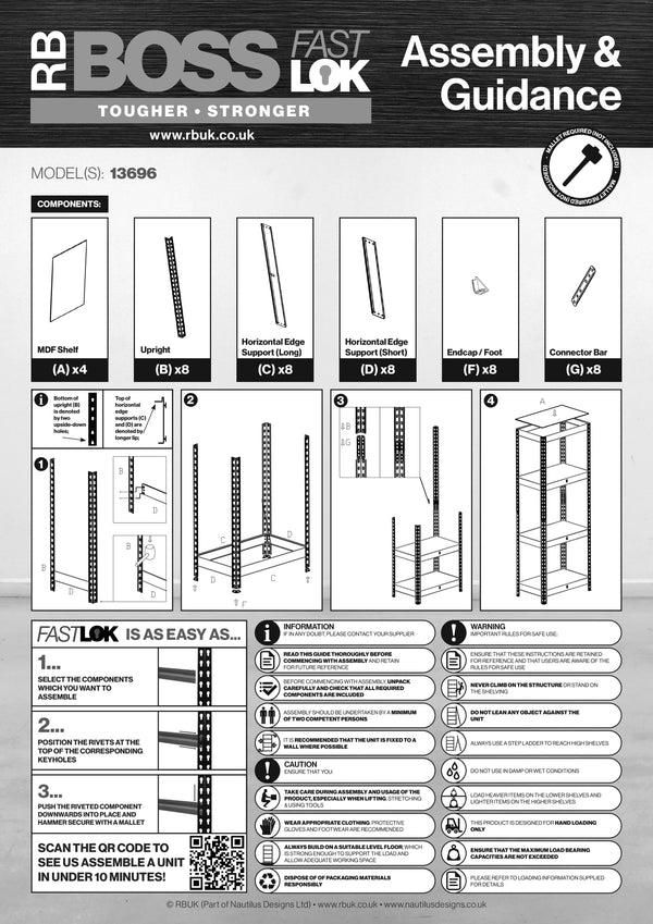 Pack of 2 1450x750x300mm 75kg UDL 4x Tier Freestanding FastLok RB Boss Unit with Galvanised Steel Frame & MDF Shelves