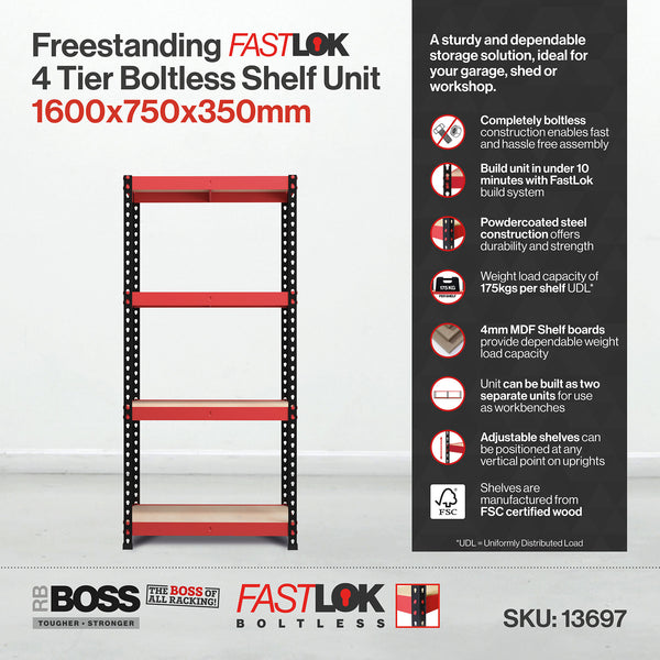 Pack of 2 1600x750x350mm 175kg UDL 4x Tier Freestanding FastLok RB Boss Unit with Red & Black Powdercoated Steel Frame & MDF Shelves