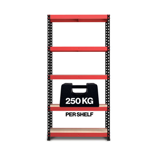 1800x900x300mm 250kg UDL 5x Tier Freestanding FastLok RB Boss Unit with Red & Black Powdercoated Steel Frame & MDF Shelves